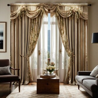 2pcs Digital Print High Definition Window Curtains, Faux Embroider Yellow Tone European Style Floral Design, Home Decor For Living Room, Bedroom, Rod Pocket