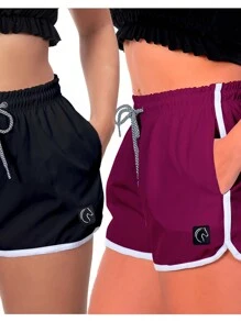 DABLIU DOIS KIT 2 Women's Shorts Black And Colors Loose And Comfortable Fit With Elastic Waistband Adjustable Drawstring And Side Pockets Casual Use Beach Or Workout Gym - 紫色 - 查看 1