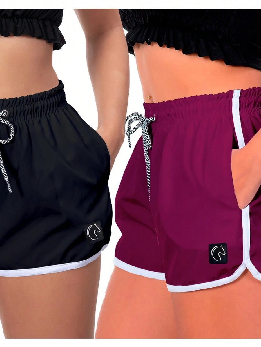 DABLIU DOIS KIT 2 Women's Shorts Black And Colors Loose And Comfortable Fit With Elastic Waistband Adjustable Drawstring And Side Pockets Casual Use Beach Or Workout Gym - 紫色 - 查看 1