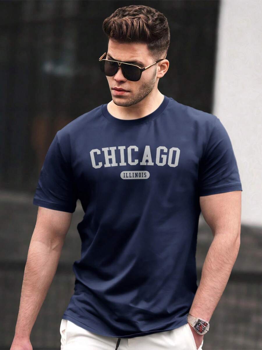 Men's Chicago Unisex T-Shirt Blouse Cotton Mesh 30.1 Combed Imported Shirt - 藏蓝色 - 查看 1