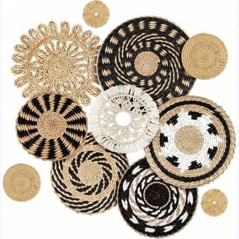 7 种款式波西米亚风格壁挂篮，壁挂藤条装饰，扁平圆形编织水葫芦玉米皮农舍手工蕾丝悬挂编织篮适用于客厅卧室餐厅 - 浅色波西米亚风格壁挂篮装饰装饰芦苇编织篮墙壁装饰波西米亚风格墙壁艺术圆形农舍壁挂篮厨房乡村家居装饰多种尺寸