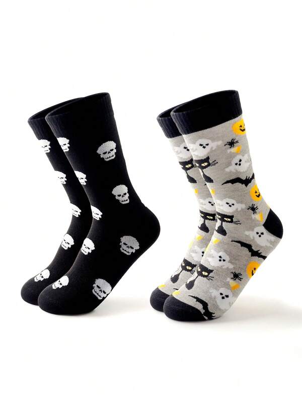 1/2 Pair Men's Mid-Calf Socks With Skull, Ghost, Cat, Bat, Spider, Pumpkin Prints, Black & Gray Socks For Halloween, Autumn/Winter, Casual, Couple, Grunge, Y2K, Sports, Outdoor, Party, Goth, Back To School, Soft, Breathable Ankle Socks, Fall