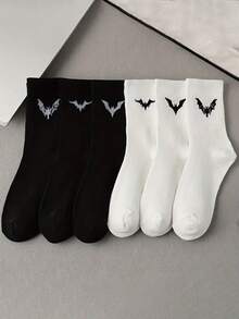 6 par damskich skarpetek do połowy łydki z motywem Halloween i wzorem nietoperza, z kreskówkową grafiką, oddychające, pochłaniające pot, unisex, odpowiednie na święta i do codziennego noszenia