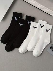 6 par damskich skarpetek do połowy łydki z motywem Halloween i wzorem nietoperza, z kreskówkową grafiką, oddychające, pochłaniające pot, unisex, odpowiednie na święta i do codziennego noszenia
