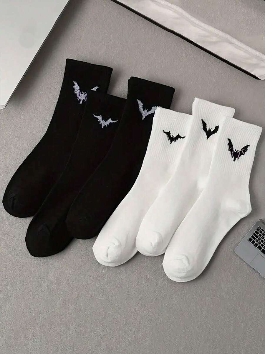 6 par damskich skarpetek do połowy łydki z motywem Halloween i wzorem nietoperza, z kreskówkową grafiką, oddychające, pochłaniające pot, unisex, odpowiednie na święta i do codziennego noszenia