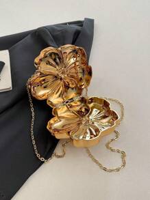 1 Stylish Solid Color Messenger Bag Metallic Flower Shape Evening Clutch Bag, For Wedding Party Formal Dress Accessory, Lipstick, Coin Purse, Jewelry Pouch, With Detachable Chain Strap, Chic Gift For Her