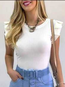 Women's Sunflower Ribbed Blouse With Round Sleeves And Ruffles Fashion Blogger - Mustard Yellow - View 2