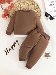 2 件套男婴休闲运动简约拼色圆领运动衫和裤子套装，春秋 - 棕色 - 查看 7