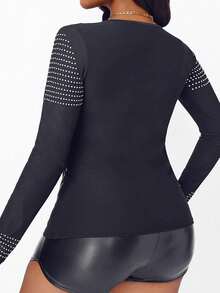 1 pieza Top ajustado de manga larga con cuello de U y cristales de mujer de unicolor, estilo encantador y elegante, cómodo y versátil para fiestas - Negro - Ver 2