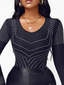 1 pieza Top ajustado de manga larga con cuello de U y cristales de mujer de unicolor, estilo encantador y elegante, cómodo y versátil para fiestas - Negro - Ver 6