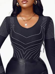 1 pieza Top ajustado de manga larga con cuello de U y cristales de mujer de unicolor, estilo encantador y elegante, cómodo y versátil para fiestas - Negro - Ver 1