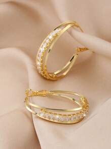 1 par de pendientes de aro con garra en C y diamantes de imitación, adecuados para uso diario - Amarillo Oro - Ver 3