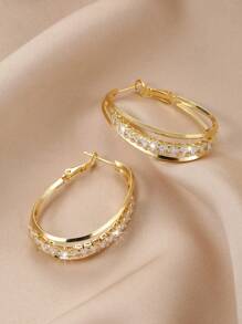 1 par de pendientes de aro con garra en C y diamantes de imitación, adecuados para uso diario - Amarillo Oro - Ver 5