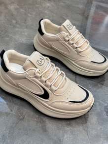 2025 女士白色运动鞋，新款韩版帆布鞋，休闲系带厚底乐福鞋，街头时尚厚底复古厚底运动鞋，派对礼物，酒红色' - 米色 - 查看 5