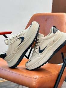 2025 女士白色运动鞋，新款韩版帆布鞋，休闲系带厚底乐福鞋，街头时尚厚底复古厚底运动鞋，派对礼物，酒红色' - 米色 - 查看 4