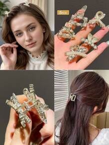 2/5/10/15 件女士金属和水钻发夹，优雅发夹，时尚配饰，金色头饰