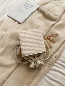 Cord 灯芯绒迷你褶皱抽绳亚克力包，时尚珍珠手提包，秋冬 - 米色 - 查看 9