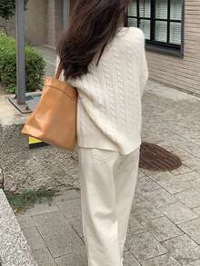 女士休闲扭纹针织套头衫 - 杏色 - 查看 4