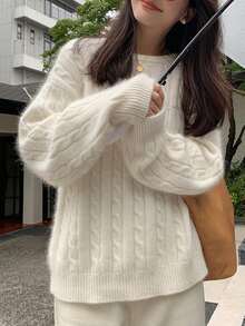 女士休闲扭纹针织套头衫 - 杏色 - 查看 3