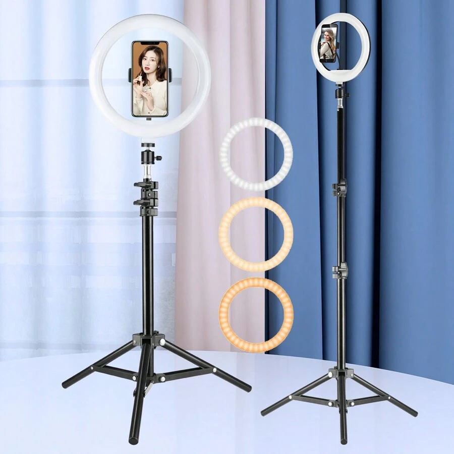 AXNEN 10-Inch LED Ring Light With 43.3-Inch Stable Tripod, Suitable For Photography, Video Shooting, Outdoor Live Streaming, Makeup, Compatible With All Smartphones - Black - View 1