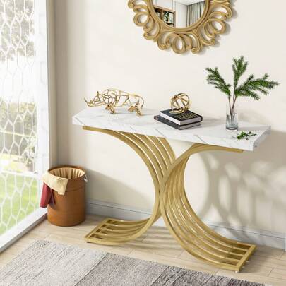  Tribesigns Tavolino sottile consolle con struttura in metallo dorato, 100 x 30 x 80 cm, piccolo tavolo da esposizione, divano per piccoli spazi, per ingresso, corridoio, soggiorno
