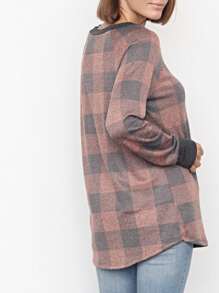 Boho Retro 90's Vintage  Checkered Solid Tie Dye V Stich Pink Mustard Blue Brown Raglan Drop Shoulder Knit Top  Cool Tunic Sweatshirt Pullover - 鏽棕色 - 查看 2