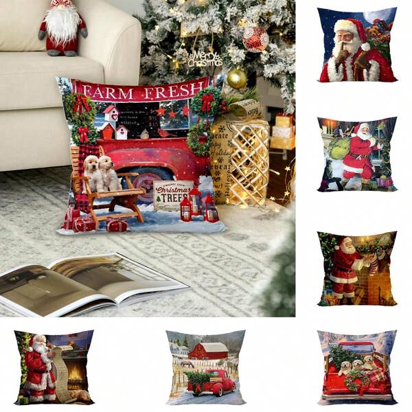 1pc Velvet Santa Claus Car With 3 Dogs Throw Pillow Cover, Suitable For Christmas Living Room Bedroom Sofa Decor, Christmas Party Decoration, Pillow Insert Not Included