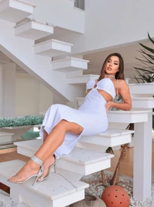 Women's Premium Ribbed Long Midi Dress With Ring And Cup - 白色 - 查看 4