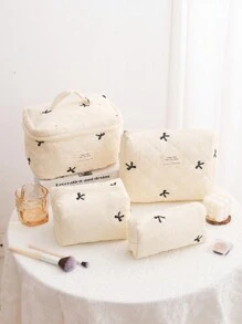 Women's Bow Embroidered And Quilted Makeup Bag Sets, Cute Macaron Color Large Capacity Cosmetic Bag, Lightweight Fluffy Filling Toiletries Bag For Travel Storage,Daily Use. For School Cosmetic Bag Back To School Supplies Cosmetic Storage School Stuff Bag Organizer Room Stuff Travel Essentials Make Up Bag Holiday Essentials Makeup Bags Makeup Pouch Makeup Organizer Holiday Winter Make Up Organizer Makeup Storage Valentines - Beige - View 2