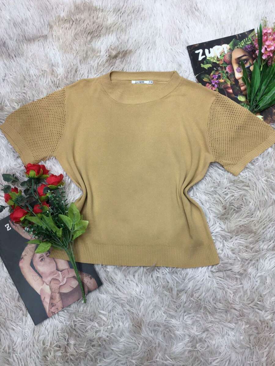 Short Sleeve Cropped Top In Imported Modal. Sleeve With Slight Transparency. - 米色 - 查看 1