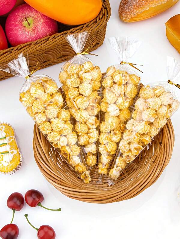 50/100pcs Clear Cone Shaped Cellophane Bags With Golden Twist Ties - Perfect For Packaging Popcorn, Candy, And Food Gifts - Reusable, Durable, And Easy To Use - Ideal For Small Business, Baking Shop, And Party Supplies
