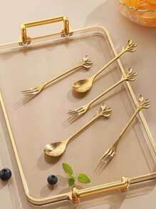 Kit 5 Peças Colher de Café e 5 Peças Garfos de Frutas Padrões de Folhas Aço Inoxidável 12cm - Dourado - Visão 4