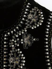 Women Sleeveless Jacket Spring Autumn Velvet Embroidery Sequin Vest - Black - View 6