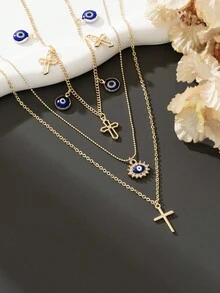 1pc Stylish Cross Eye Fringe Pendant Necklace For Women - Yellow Gold - View 4