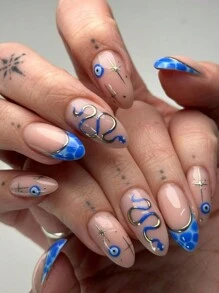 一套完整的24片水滴形按压假指甲，法国高端蛇形辣妹，日韩风格女士指甲贴，搭配1片果冻胶和1片摩擦条，瞬间提升您的外观。适用于派对，舞会，日常休闲装，可拆卸和可重复使用的美甲用品指甲