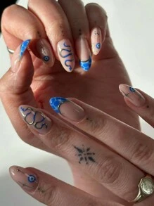 一套完整的24片水滴形按压假指甲，法国高端蛇形辣妹，日韩风格女士指甲贴，搭配1片果冻胶和1片摩擦条，瞬间提升您的外观。适用于派对，舞会，日常休闲装，可拆卸和可重复使用的美甲用品指甲