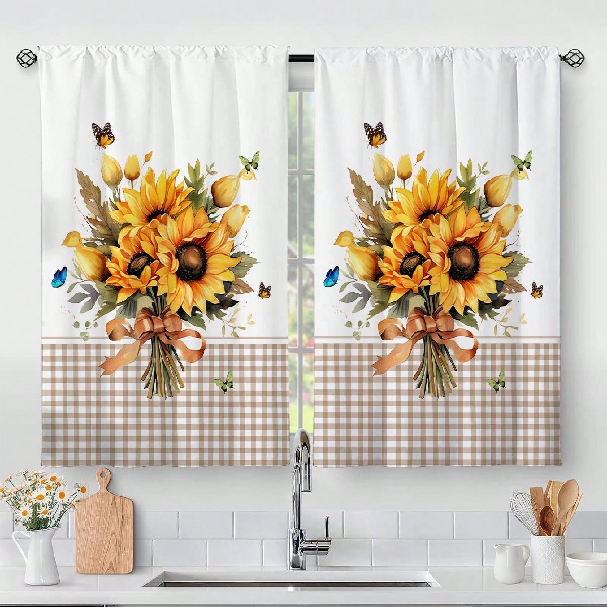 Piezas Cortinas de ventana rústicas con girasoles y mariposas, sin ojales, aptas para dormitorio, oficina, cocina, sala de estar, estudio, decoració