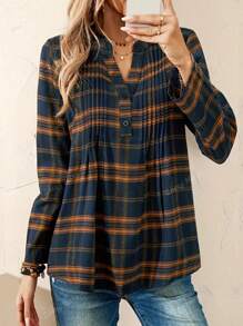 Camisa de mujer con cuello en V a cuadros, manga larga, con plisados y botones, para otoño