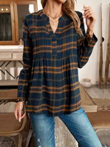 Camisa de mujer con cuello en V a cuadros, manga larga, con plisados y botones, para otoño