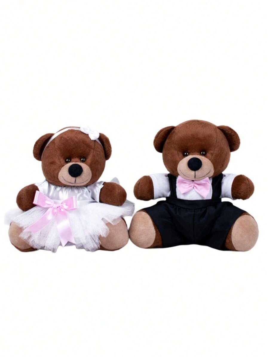 Decorative Bear Couple For Parties And Weddings Brown Plush With Colorful Bow And Ties - Page Boy And Flower Girl 18 Cm - Hoa hồng - Xem 1