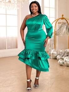 Plus One Shoulder Lantern Sleeve Ruffle Hem Satin Dress - Green - View 1
