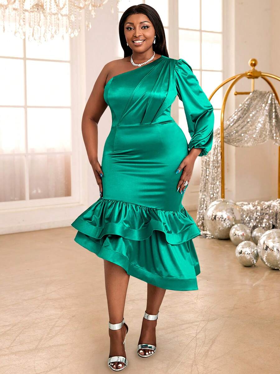 Plus One Shoulder Lantern Sleeve Ruffle Hem Satin Dress - Green - View 1