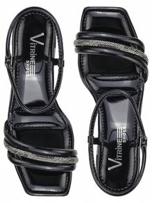 New Patent Leather Block High Heel Sandal With Rhinestone Strap Vitrine Shoes - 黑色 - 查看 3
