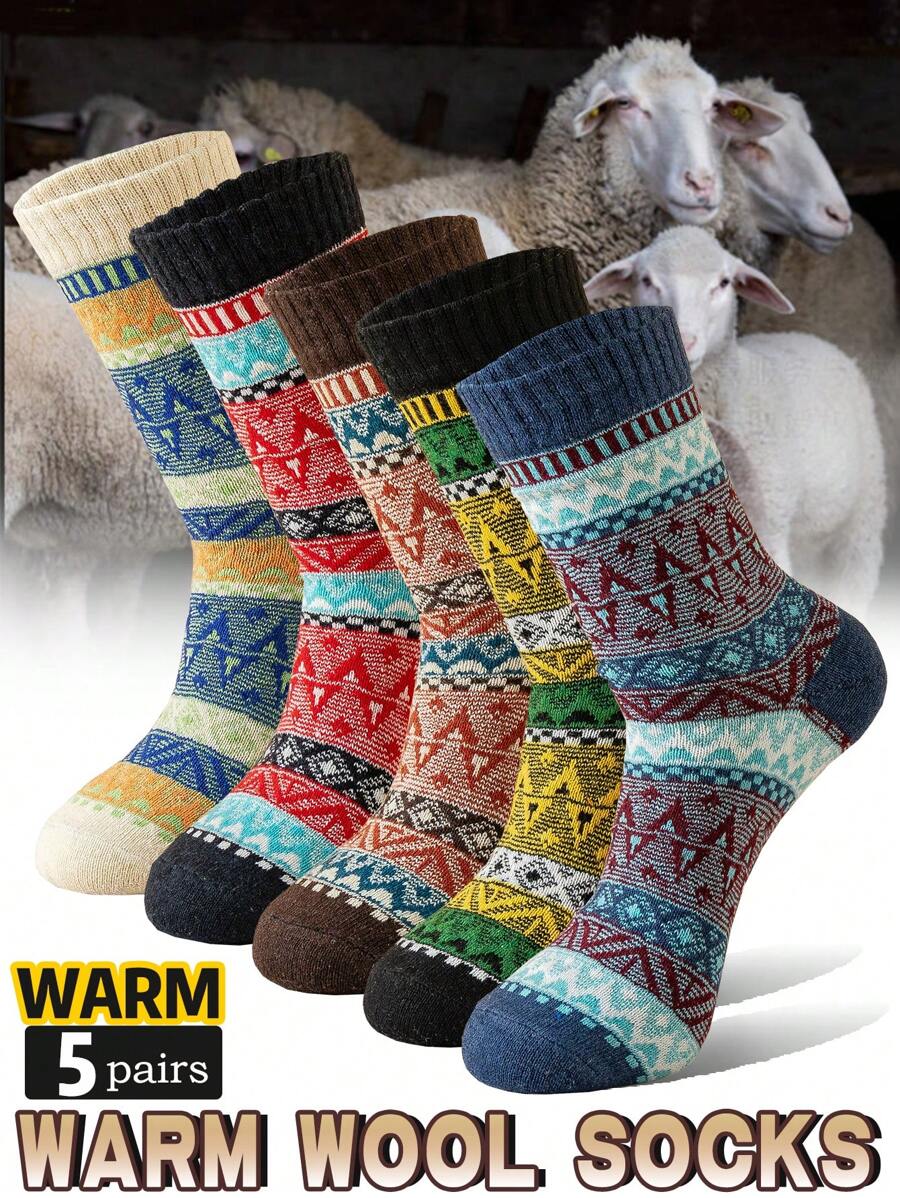 5 đôi tất dài đến giữa bắp chân dày cho nam, tất len ấm áp mùa thu đông, tất ống dài thời trang chống mùi thấm hút phong cách Anh cổ điển hợp thời trang cho nam đi cùng bốt ngắn - Nhiều màu - Xem 1