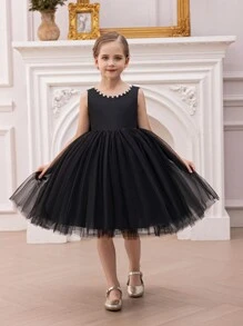 Vestido de princesa negro con perlas y lazo para niña, con escote profundo en V y espalda descubierta, adecuado para fiestas de cumpleaños, banquetes, ocasiones formales, bodas, niña de las flores, actuaciones en el escenario - Negro - Ver 4