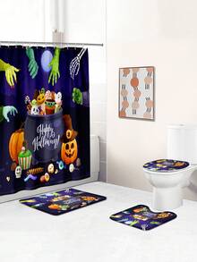 1 件/4 件万圣节多功能浴室装饰套装：带 12 个挂钩的防水浴帘、防滑浴垫、U 型马桶垫和圆形马桶盖，适用于所有浴室场景 - 彩色 - 查看 6