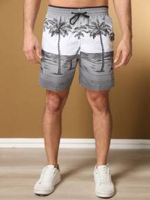 Men's Bermuda Shorts Quick Dry Surf Printed Beach Tactel Adult Shorts Coconut Tree - 黑色 - 查看 6