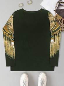 Feather Print Long Sleeve V-Neck T-Shirt, Spring/Autumn - Multicolor - View 3