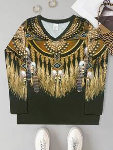 Feather Print Long Sleeve V-Neck T-Shirt, Spring/Autumn - Multicolor - View 2