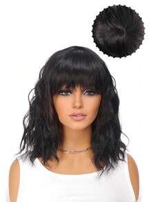 14 Inch Wavy Synthetic Wig With Bangs Short Bob  Wigs Curly Wavy Shoulder Length  Wig Daily Colorful Wig - Black - View 13